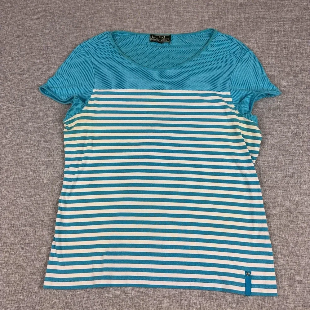 Lauren Ralph Lauren T-Shirt Womens Medium Blue Striped Mesh Active Athletic Top